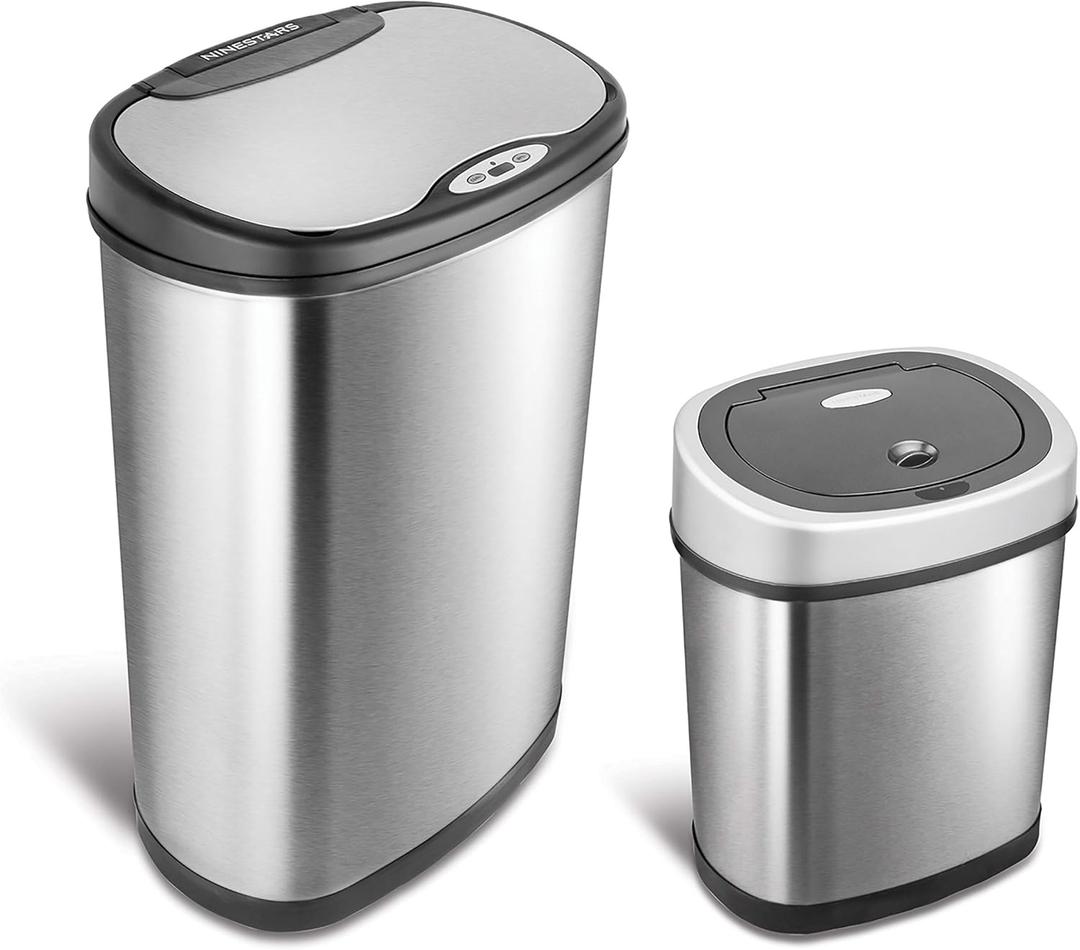 NINESTARS CB-DZT-50-13/12-9 Automatic Touchless Infrared Motion Sensor Trash Can Combo Set, 13 Gal 50L & 3 Gal 12L, Stainless Steel Base (Oval, Silver/Black Lid) (13 Gal & 3 Gal Combo)