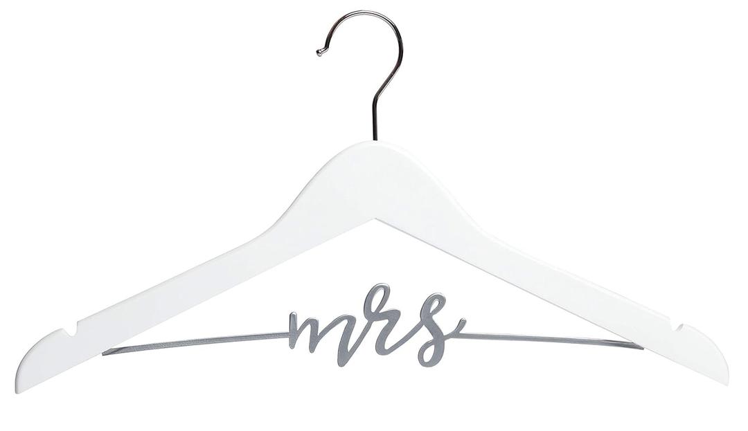 Pearhead Mrs. Wedding Dress Hanger, Wooden Bridal Gown Hanger with Cursive Wire Lettering, Wedding Photo Prop and Bridal Keepsake, White and Silver