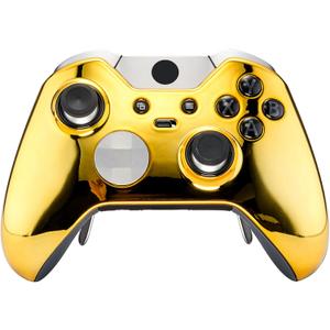 eXtremeRate Chrome Gold Replacement Faceplate Front Housing Shell with Thumbstick Accent Rings for Xbox One Elite Remote Controller Model 1698 - Controller NOT Included