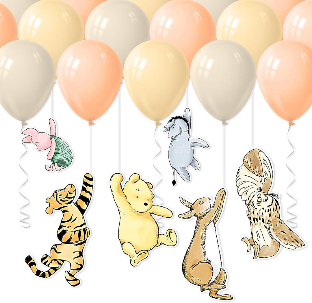 18 Pcs Classic Winnie Themed Hanging Decorations with Balloons - Baby Shower Birthday Party Supplies Set Nursery Decor