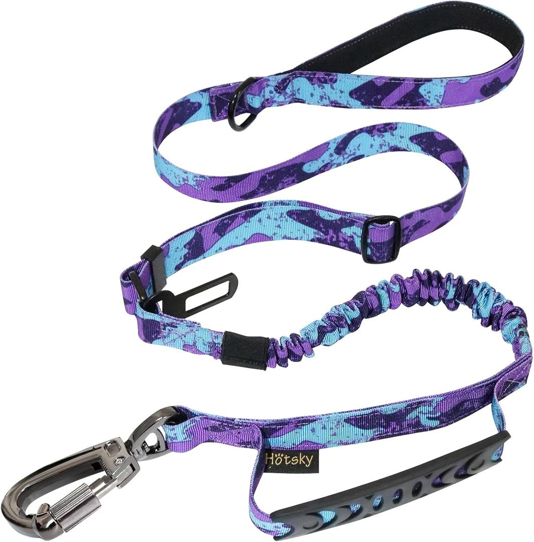 Hotsky Tactical Dog Leash Heavy Duty for Medium Large Dogs That Pull,4-6Ft Strong Bungee Shock Absorbing No Pull Dog Leash with Padded Double Handle and Car Seatbelt,Purple Camo
