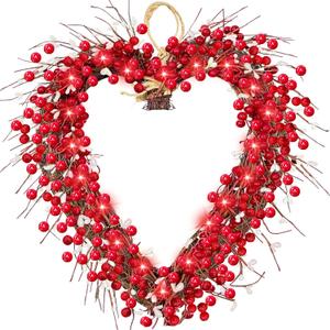 Valentine’s Day Wreaths for Front Door, Valentine’s Day Decorations with 20 Red LED Lights Battery Operated 220 Red Berries 248 White Seeds Valentine’s Day Gifts Door Decor Outdoor Indoor Home Wedding 