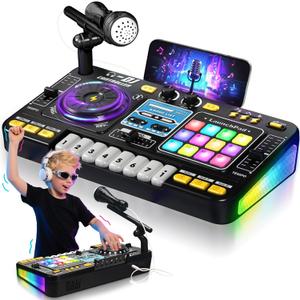 DJ Mixer for Kids, Toddler DJ Mixing Table with DJ Turntable, Game Mode, Light & Speed Control and Microphone, Gifts for 3 4 5 6 Years Old Boys Girls - Kid DJ Mixer Set (Black)