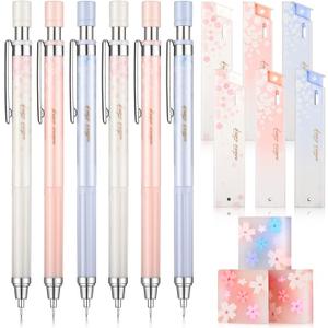 15 Pcs 0.5 mm Mechanical Pencil Set Include 6 Pcs Japanese Cute Pencils with 6 Tubes Pencil Refill and 3 Cute Cherry Erasers for Sketching Architecture Drawing