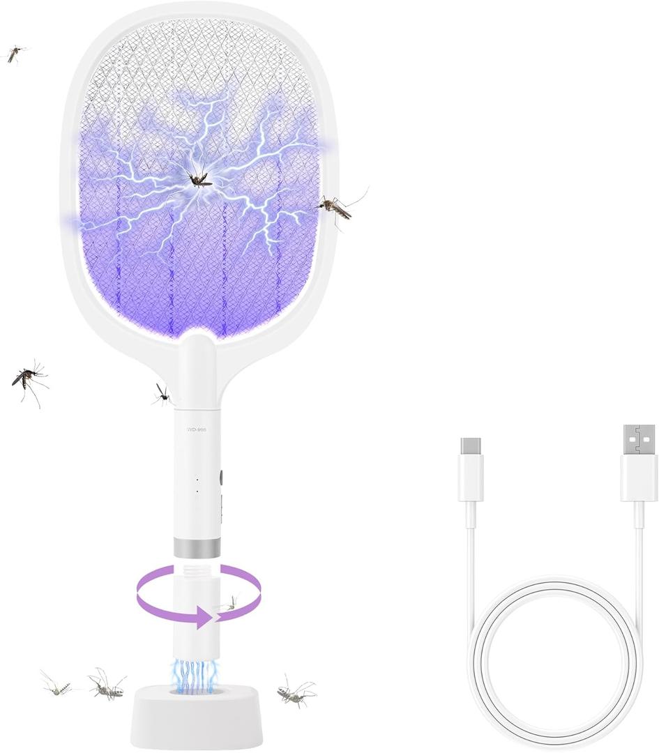 Electric Fly Swatter Racket, 4000V Bug Zapper Racket Rechargeable Fly Zapper Dual Modes Mosquito Swatter Portable with Purple Light & 3-Layer Safety Nets for Indoor & Outdoor, 1 Pack