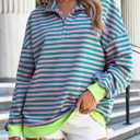EVALESS Oversized Sweatshirt for Women 2024 Fall Outfits Fashion Long Sleeve Shirts Striped Quarter Zip Pullover Tops (Green, M)