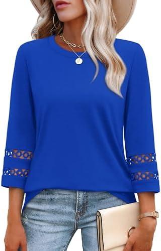 XIEERDUO 3/4 Length Sleeve Womens Tops and Blouses Dressy Casual Crewneck T Shirts Fashion Clothes Loose Fit Trendy, Size Large, Royal Blue 