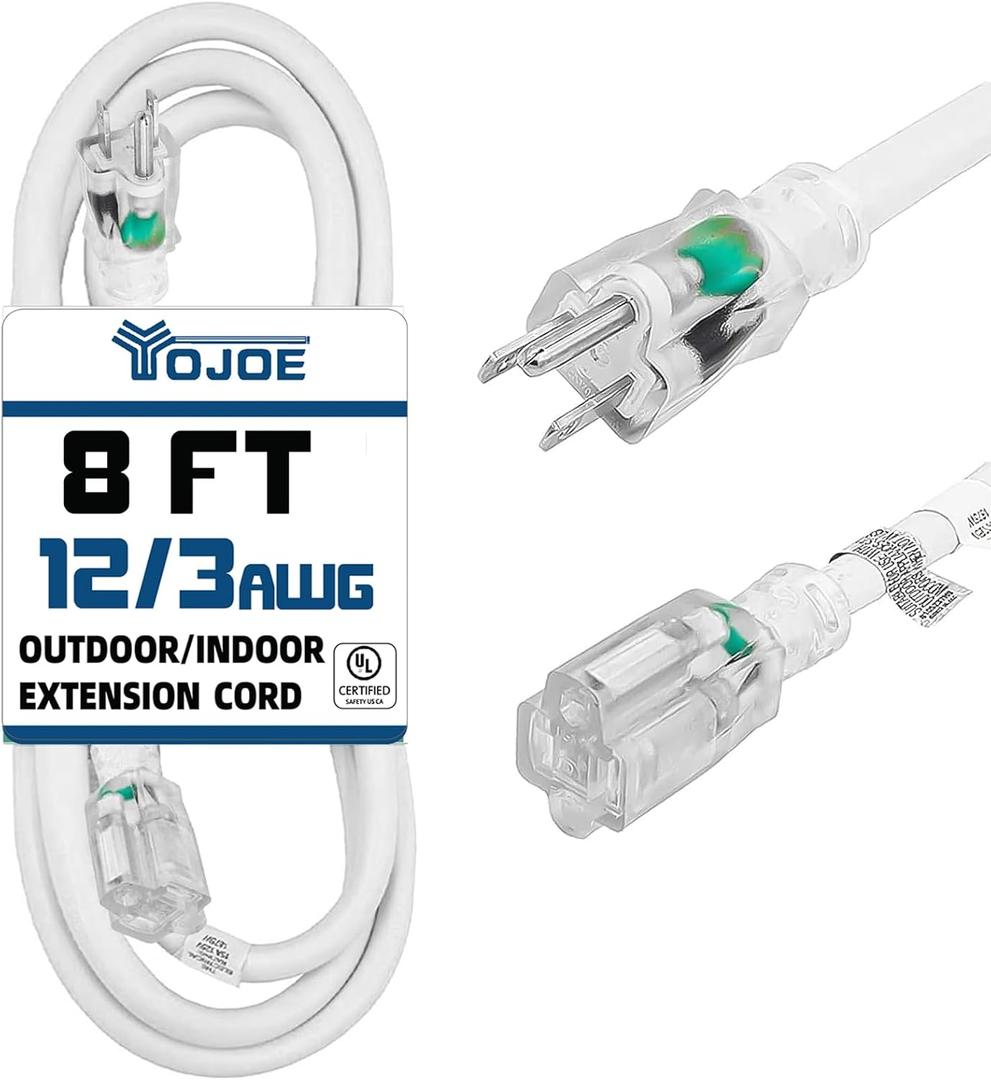 YOJOE Indoor Outdoor Extension Cord with Lighted End, 3 Prong 15A Weatherproof Power Cord, 12 Gauge Heavy Duty 8 ft White Extension Cord for Garage, Garden and Home, 12/3 SJTW UL Listed