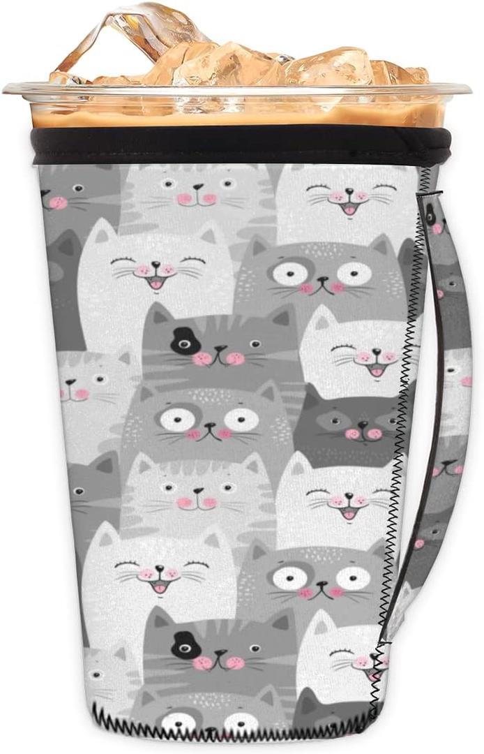 Kawaii Animal Kitten Reusable Iced Coffee Cup Sleeve With Handle Cute Cat Neoprene Ice Insulator Coffee Cup Sleeve Drink Holde Large 30-32 oz for Coffee Cups Beverages Water Bottle