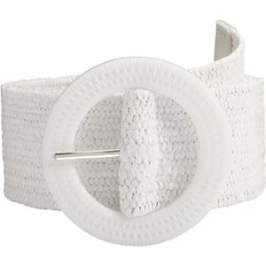 SUOSDEY Straw Woven stretchy Waist Belt for Women Dresses,Wide Boho Braided Elastic Belt with Round Buckle (L:fits waist from 37"-42", 04-white)