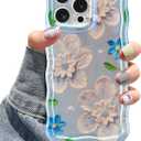 Jusy Compatible with iPhone 11 Pro Max, Colorful Retro Oil Painting Printed Flower Laser Glossy Pattern Cute Curly Wave Phone Case Soft TPU Cover for Girly Women - Blue Flower