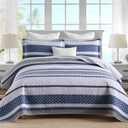 Homzard Quilt Bedding Set King Size,100% Cotton King Size Comforter Set,Gray Blue Quilts Bedspread for The Bed, Striped Farmhouse Lightweight Bedding (106 * 98 Inch) and 2 Pillow Shams All Season