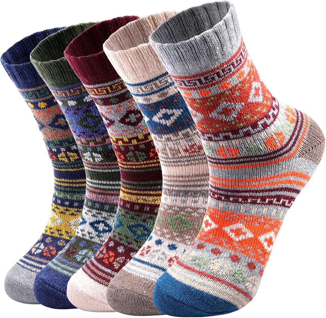 5 Pairs Wool Socks - Wool Socks for Women, Cozy Crew Socks, Warm Winter Socks for Women, Womens Vintage Socks, 6-10 (One Size)