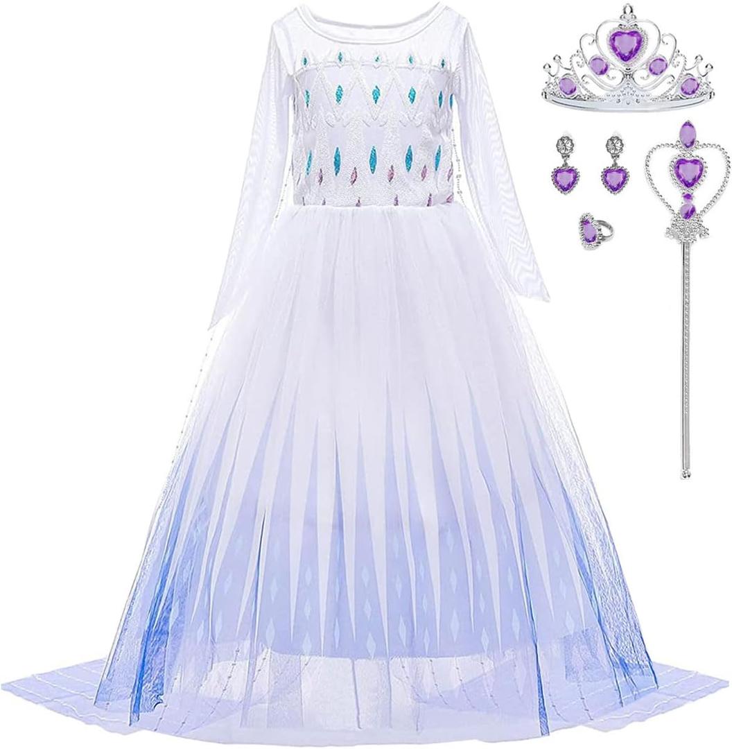 Elsa Costume for Girls Princess Elsa Dress Toddler Kids Halloween Cosplay Birthday Party Outfit White (4-5 Years)
