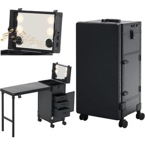 Rolling Portable Manicure Table with 3 Drawers, Lockable Makeup Train Case with Mirror & Nail Polish Organizer, Foldable Nail Desk with Wheels & Handle for Mobile Nail Techs & Salon Use, Black