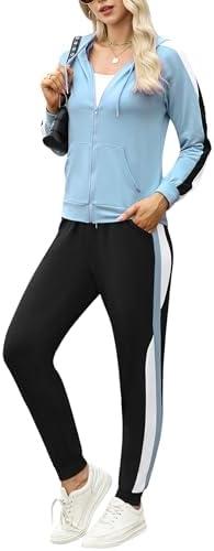 Marvmys Women's 2 Piece Tracksuit Set Full Zip-Up Hoddie Sweatsuits Color Block Jogging Suits with Pockets, Small Light Blue