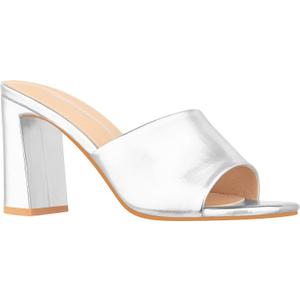 ILLUDE Womens Block Heel Single Strap Square Toe Heeled Sandal Slip On Mule - Demi (10, Silver Pu)