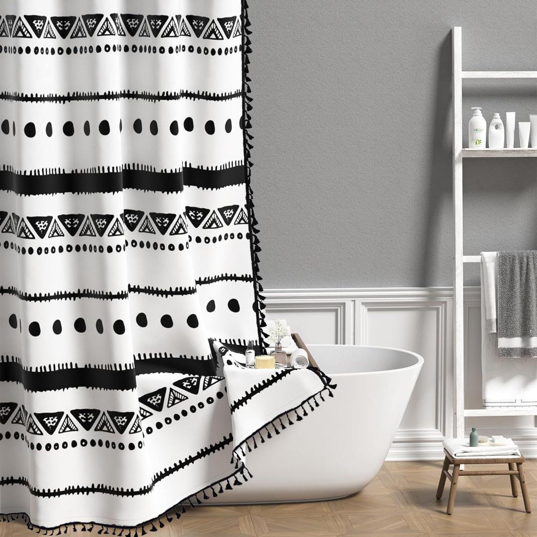 AOFOTO Boho Shower Curtain Black Striped Geometric Pattern Shower Curtains for Bathroom Tassel Bohemian Shower Curtain Modern Bathroom Home Decor with Hooks Waterproof 70x84 Inches
