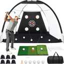 Golf Practice Net, 10 x 7ft 600D Golf Net for Backyard Driving & Chipping Training, Golf Hitting Aid Net with Mat, Target Cloth, 4 Tees, 5 Balls, Carry Bag, Ideal Gift for Men/Enthusiasts