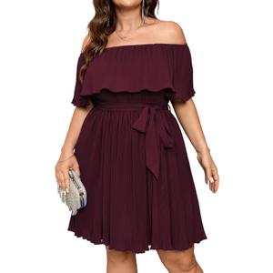 SCOMCHIC Women's Plus Size Cocktail Dress Off The Shoulder Flowy Pleated Wedding Guest Party Short Dress