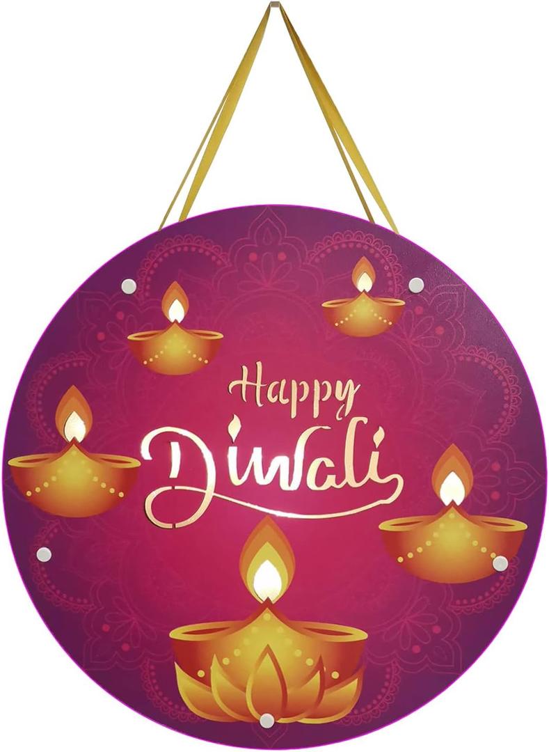 Happy Diwali Door Sign with Lights, Wooden Happy Diwali Hanging Sign, 12 Round Door Plaque for Diwali Decorations for Home Indoor Outdoor Home Wall Decorations
