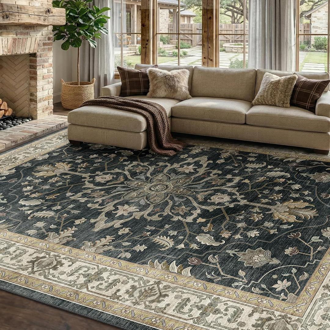 RELEANY Area Rugs 8'x10' Washable Non-Slip, Floral Vintage Distress Print Pattern Medallion Carpet for Living Room Bedroom Dining Room, Vintage Black Brown Neutral