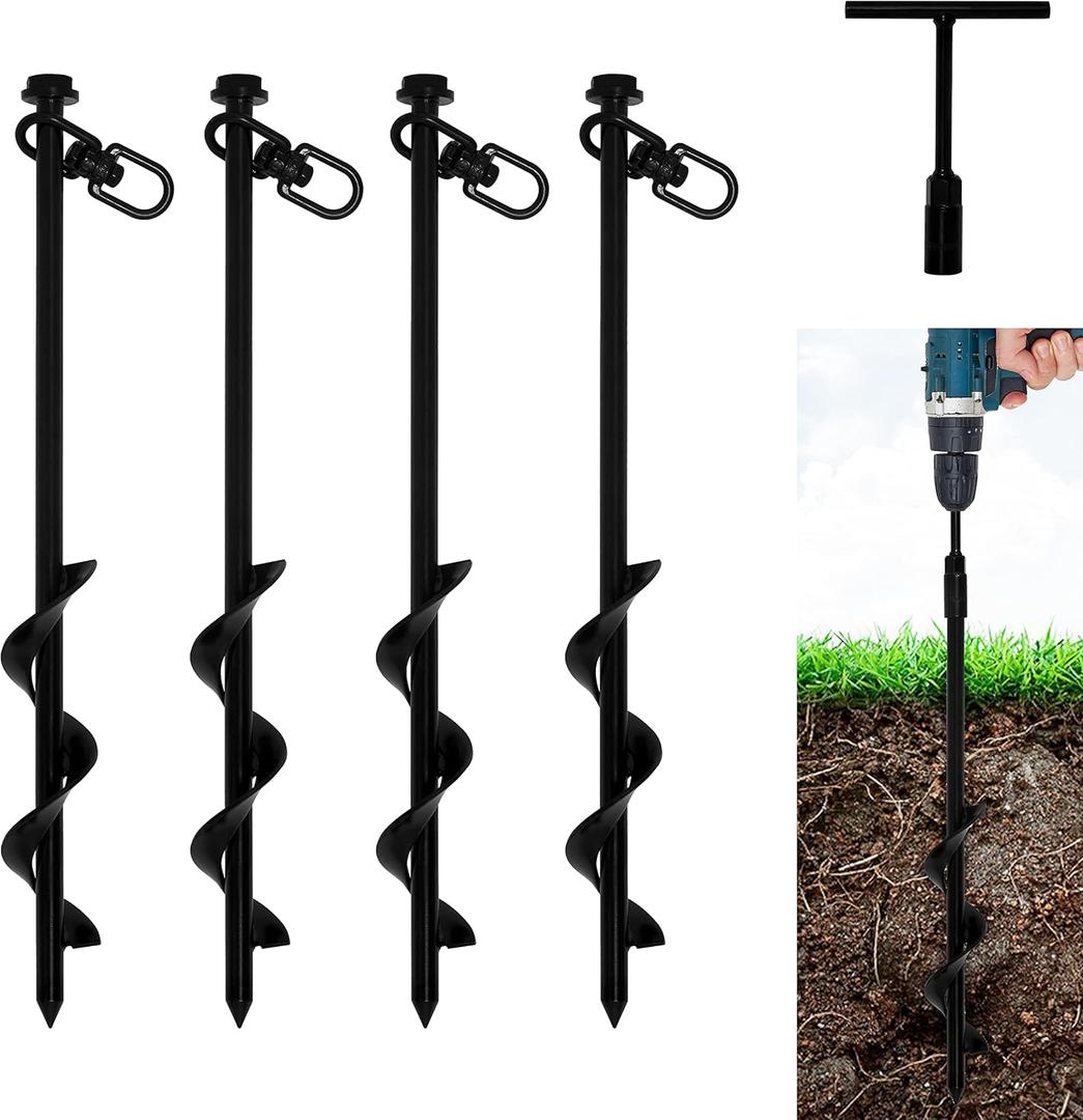 VASGOR 12 Ground Anchors (4pcs) Easy to Use with Drill, 10mm Diameter, Heavy Duty Anchor Hook for Camping Tent, Canopies, Car Ports, Sheds, Swing Sets, Securing Animals  Black Powder Coated