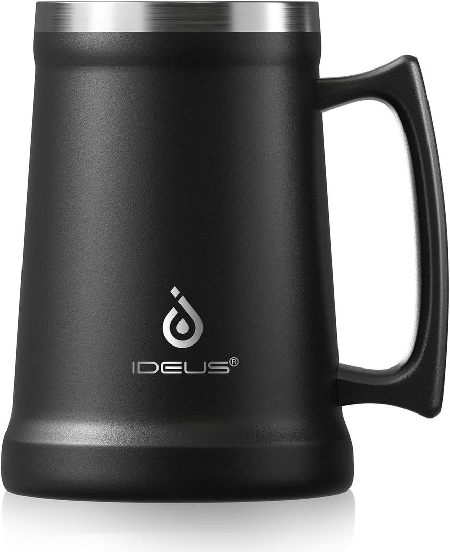 Ideus Insulated Beer Stein, 24/32oz Stainless Steel Double Walled Beer Mug Giant Bar Drinkware Metal Beer Cup with Big Grip Handle (Black, 24oz (710ml))