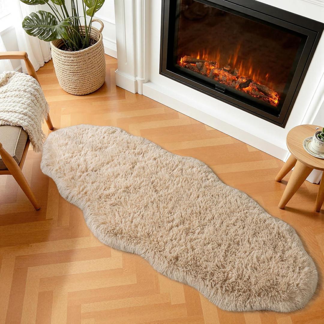 Runner Rug for Bedroom Hallways, 2x5 Feet Soft Non Slip Fluffy Shag Throw Rug for Bedside, Long Furry Shaggy Carpet for Living Room Home Decor, Beige