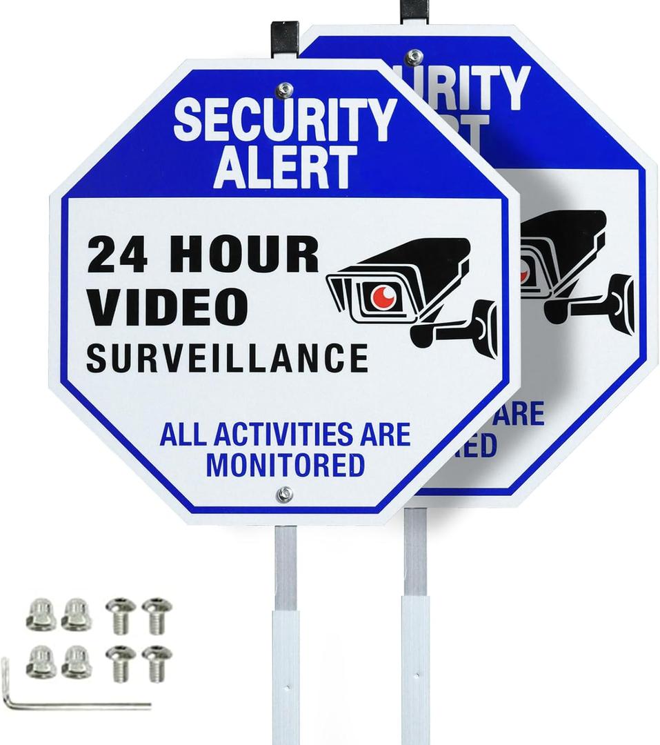 24 Hour Video Surveillance Sign with Stake for Yard,Security Camera Sign,2 Pack - Aluminum 9.8"x9.8" with 27.5" Metal Stake - Weatherproof, Reflective - Home, Business, Outdoor Security Warning