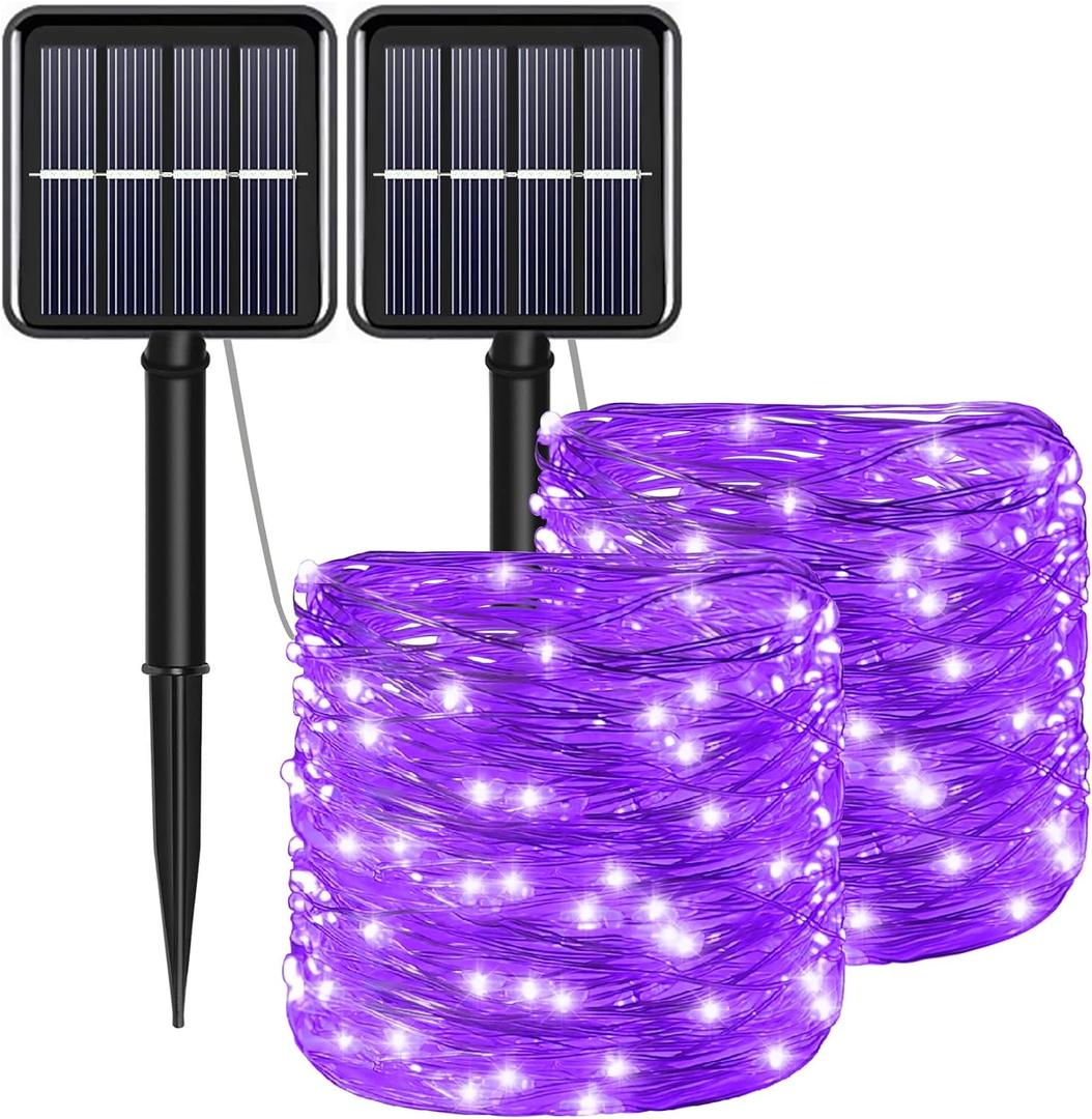 YAOZHOU Solar Christmas Halloween String Lights Purple Outdoor Waterproof 2Pack Total 200Led 8 Modes Copper String Lights Fairy Lights for Valentine's Day Garden, Patio, Fence, Balcony, Outdoors
