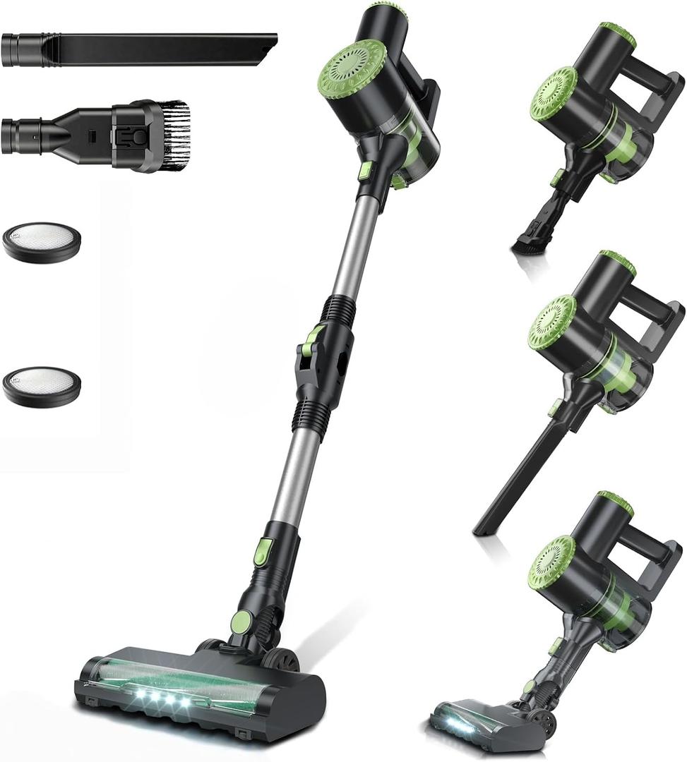 PRETTYCARELIFE Cordless Vacuum Cleaner Bendable Wand Rechargeable, Lightweight Stick Vacuum Cleaner, 6 in 1, Self-Standing with Powerful Suction, Cordless Vacuum for Hardwood Floor (Green)
