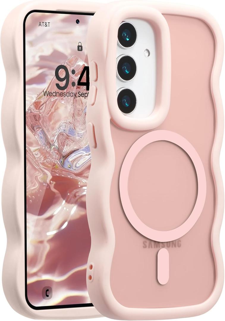 UEEBAI Magnetic for Samsung Galaxy S24/S25 5G Case, Cute Cover Compatible with MagSafe, Transparent Clear Wave Design Wavy Frame Matte Phone Case- Pink