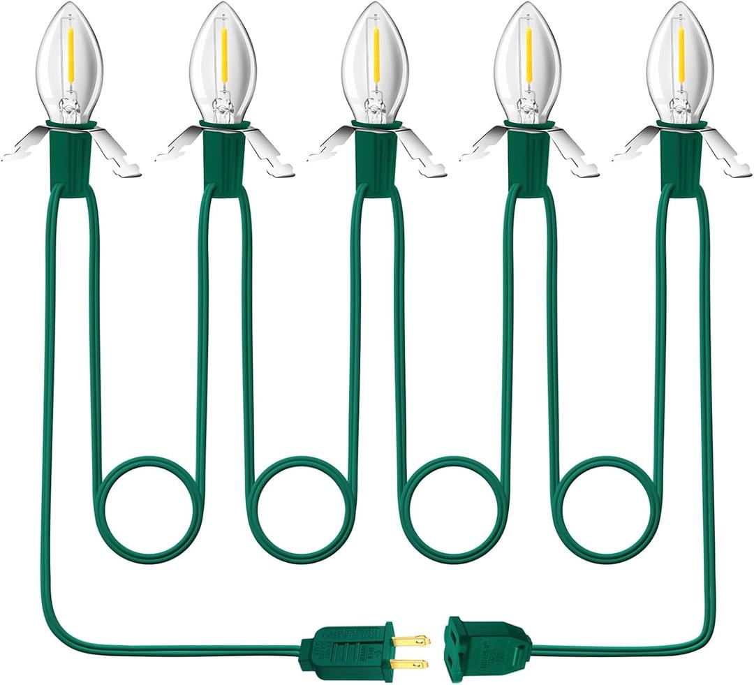 Lighting System, 9.8Ft Green Accessory Cord with 5LED C7 Spare Fuse Bulbs, Blow Mold Lights Cord with Female Plug, Perfect for Halloween Christmas Village and Homemade Craft Decorations