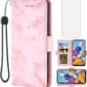 Asuwish Compatible with Samsung Galaxy A21 Case and Tempered Glass Screen Protector Cell Accessories Card Holder Slot Kickstand Marble Wallet Phone Coveres for Glaxay A 21 Gaxaly 21A A21Case US Pink
