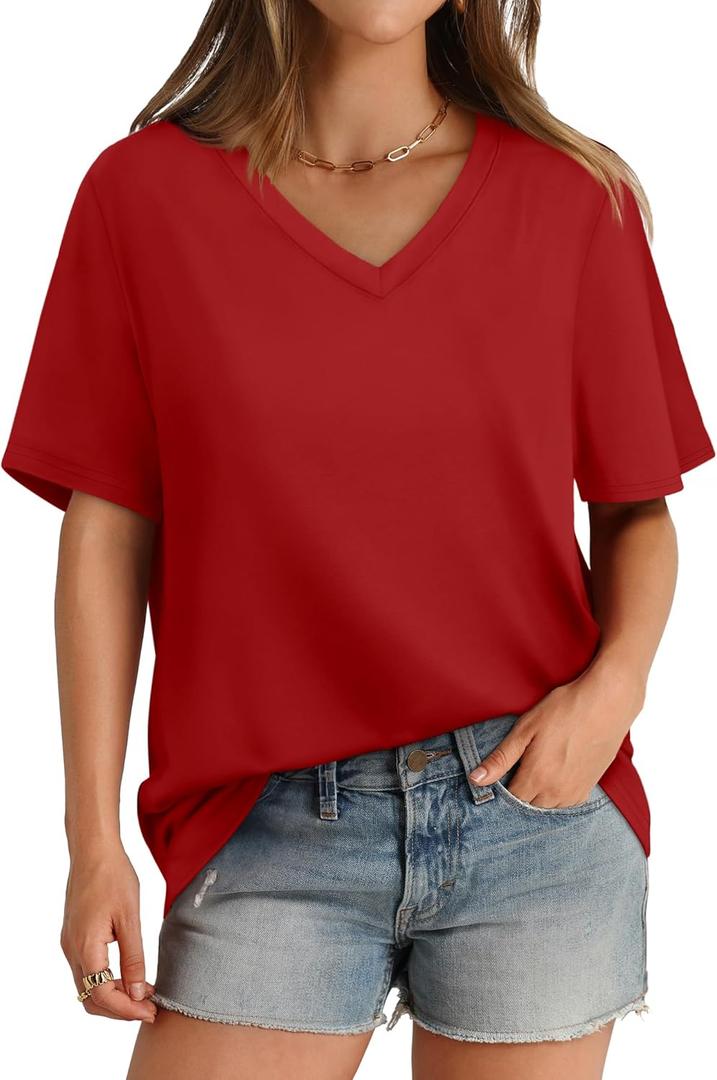 Aokosor Womens V Neck Short Sleeve T Shirts Summer Tops 2025 Casual Loose Tees Trending Now S-4XL (Red) Aokosor Womens V Neck Short Sleeve T Shirts Summer Tops 2025 Casual Loose Tees Trending Now S-4XL (Red)