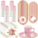 200Pcs Floral Tea Cups and Saucers for Tea Party Supplies, Disposable Tea Cups with Handle and Paper Napkins Dinnerware for Floral Theme Birthday Wedding Bridal Shower Baby ShowerPink