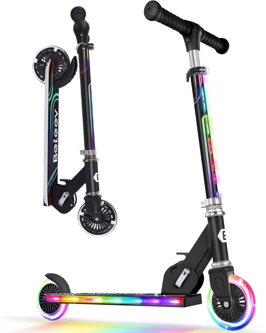 BELEEV V2 Scooters for Kids with Light-Up Wheels & Stem & Deck, 2 Wheel Folding Scooter for Girls Boys, 3 Adjustable Height, Non-Slip Pattern Deck, Lightweight Kick Scooter for Children Ages 3-12 (Black)