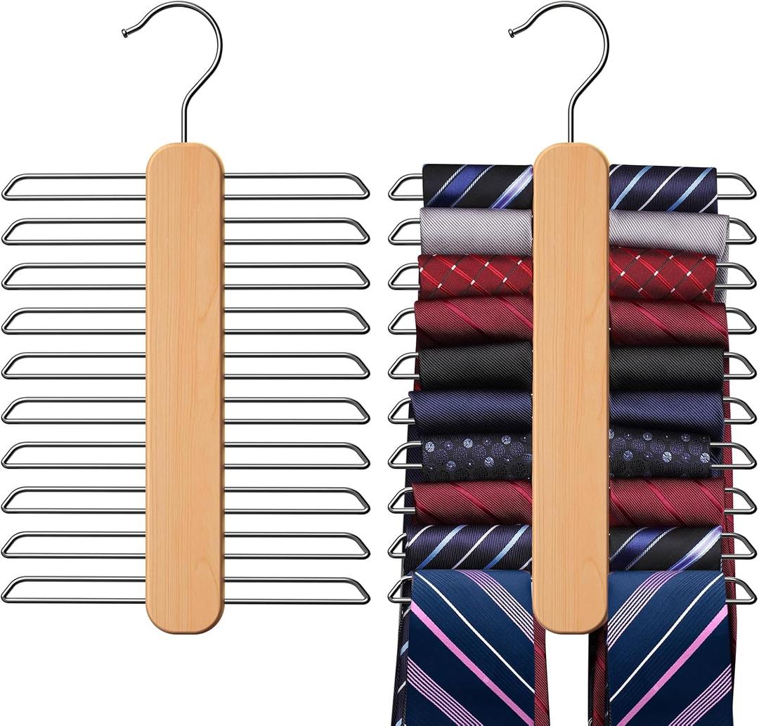 Tie Hanger 2 Pack,Tie Organizer for Closet 20 Storage Capacity,Wooden Necktie Organizer Tie Storage,360 Degree Rotating Accessory Organizers for Tie,Belt,Scarf (Natural)