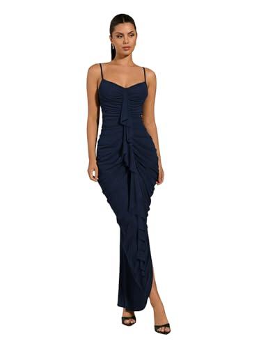 Floerns Women's Ruffle Ruched Cami Dress Draped Split Elegant Bodycon Maxi Dresses Dark Blue X-Large