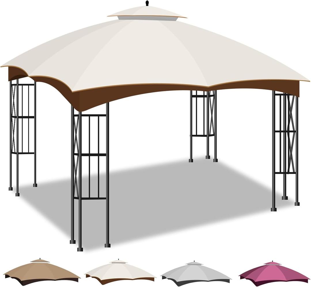 10x12 Double Tiered Gazebo Replacement Canopy, Upgraded 300D Polyester Heavy Duty Canopy Cover Top with Air Vent, Waterproof Gazebo Cover Roof for Outdoor Patio Garden (Dark Beige)