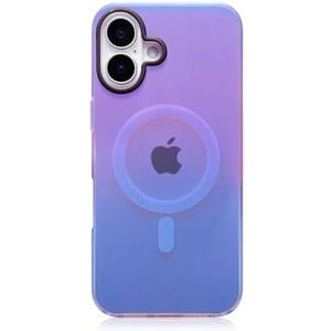 Magnetic Case for iPhone16,Compatible with Magsafe,Gradient Iridescent Holographic Shockproof Translucent Matte Phone Case Protective Bumper Cover for Women Girls Men(Purple & Blue)