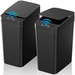 Bathroom Trash Can with Lid, KOEYLE 2 Pack, 2.2 Gallon Automatic Touchless Garbage Can, Small Motion Sensor Smart Trash Can, Slim Waterproof Trash Bin for Bedroom, Bathroom, Office, Living Room (Black)