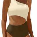 Women's One Piece Swimsuit One Shoulder Bathing Suit Cutout Tummy Control Swimwear Beige Brown S