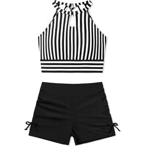 Girls Swimsuits Tankini Striped Halter Neck Cute Bathing Suits Swim Shorts 2 Piece Sets
for 13-14 y