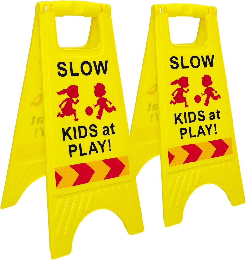 Slow Kids at Play Sign, Children at Play Safety Signs with Double-Sided Text and Graphics with Reflective Tape for Street Neighborhoods Schools Park Sidewalk Driveway Yellow 2Pack, Medium