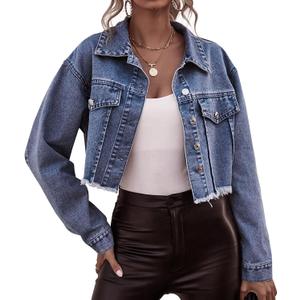 LONGYIDA Women's Cropped Denim Jacket | Distressed Button-Down Jean Jacket | Long Sleeve Ripped & Frayed Blue Coat (XX-Large, 2#Dark Blue)