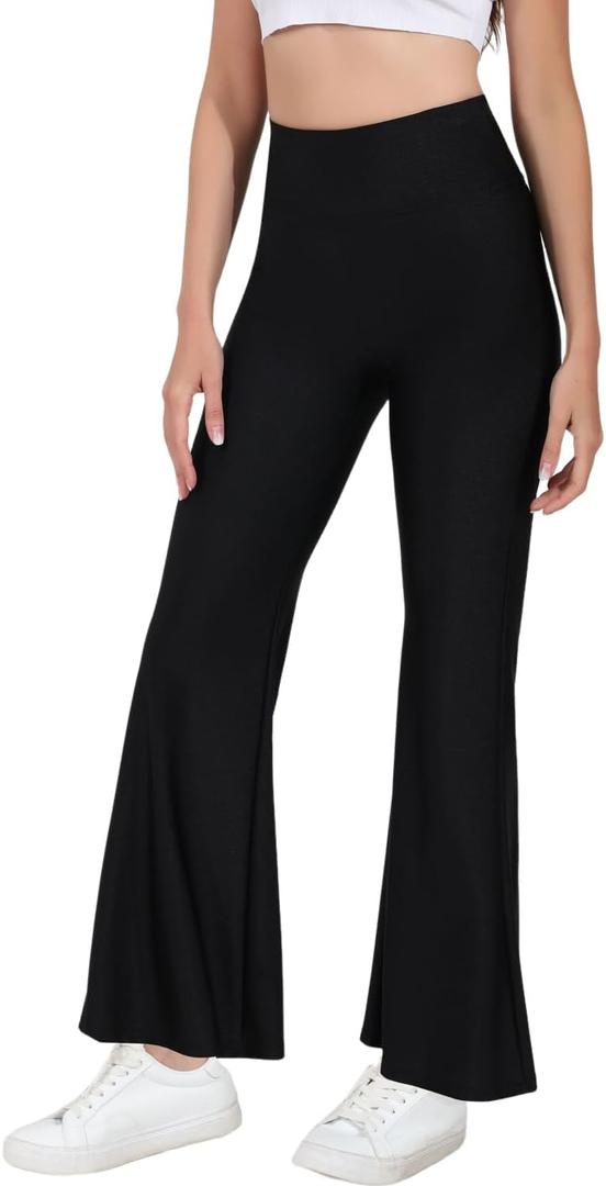 Tulucky Womens Stretchy Shiny Sports High Waisted Yoga Flare Pants Tummy Control Bell Bottom Leggings (Black, M)