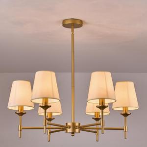 Gold Chandelier with Shades 6 Light Ceiling Light Fixture with Linen Fabric Farmhouse Pendant Lights for Bedroom Kitchen Dining Room Living Room Foyer, 6 Light Gold