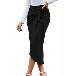 Women Ruched Pencil Skirt High Waist Wrap Tie Front Asymmetrical Long Maxi Skirts Bodycon with Slit XL